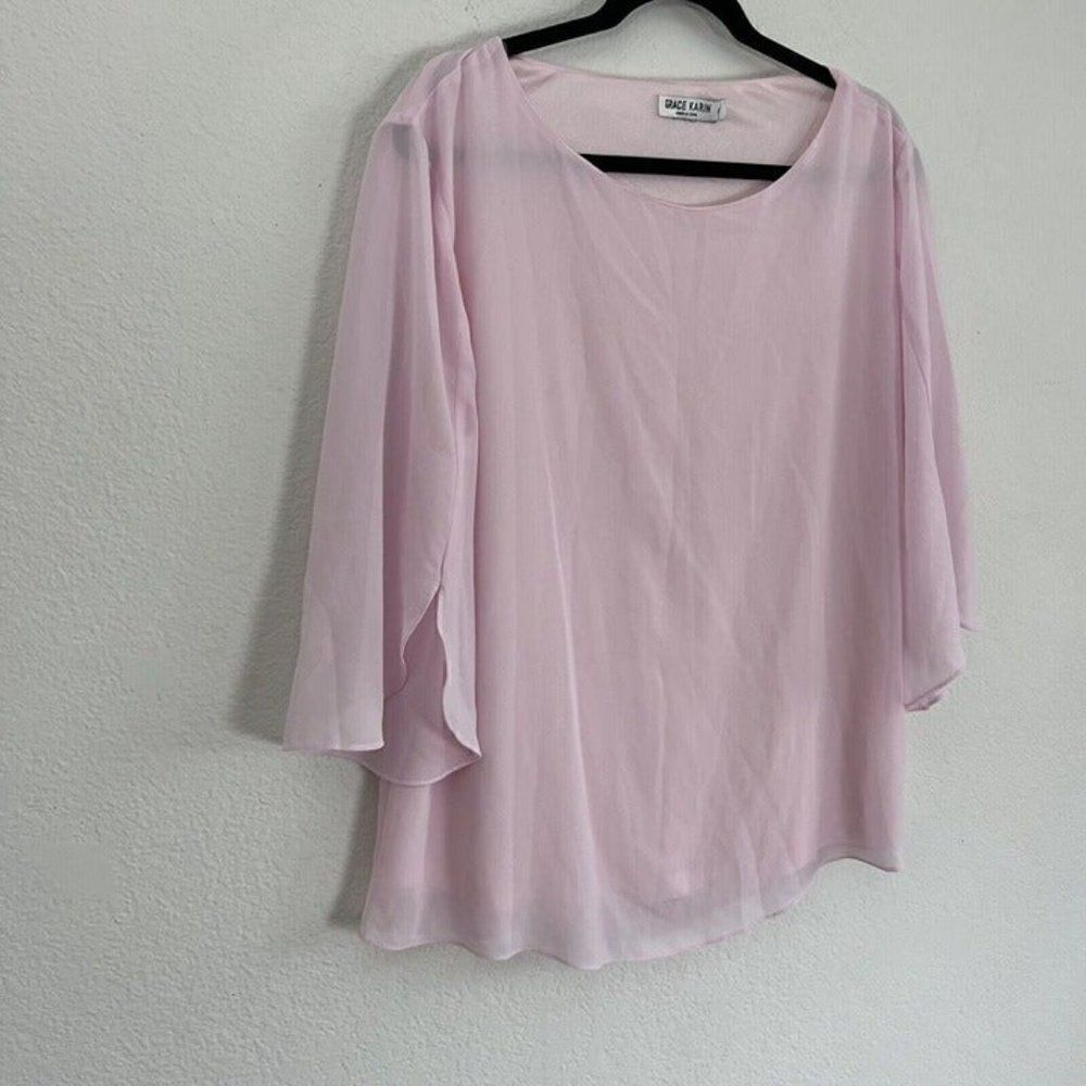 Grace Karin Womens Plus Size XXL Baby Pink Blouse Top Wide Split Flare Sleeves - Picture 9 of 9